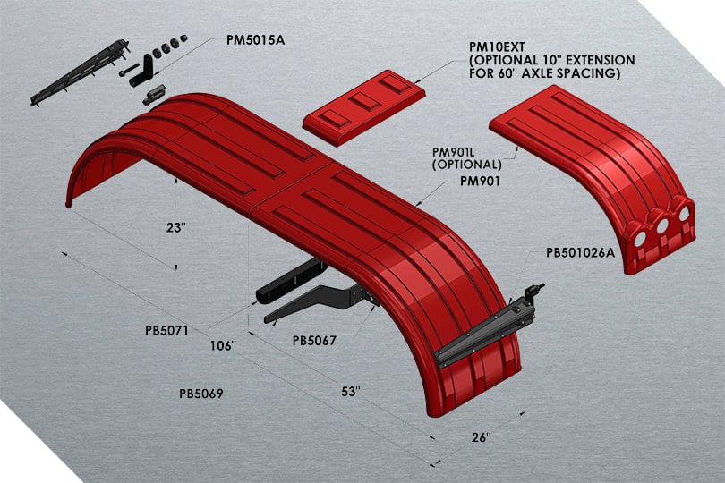 Minimizer™ MIN 900 Semi Truck Fenders For 52" / 54" Tandem Axle With 22.5" / 24.5" Dual Tires