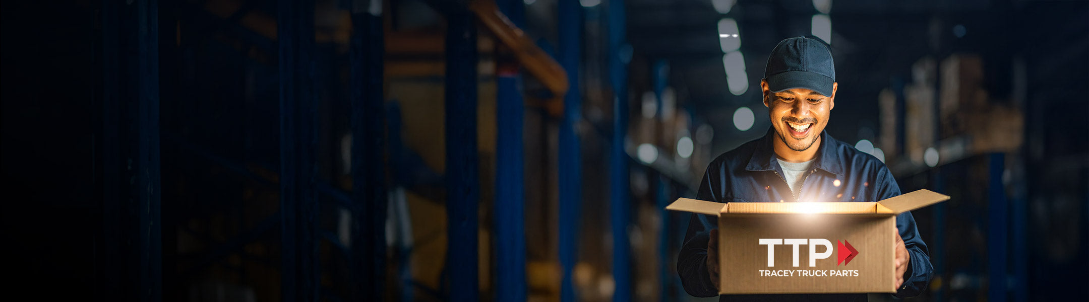 Worker in a warehouse holding a box with 'TTP' branding