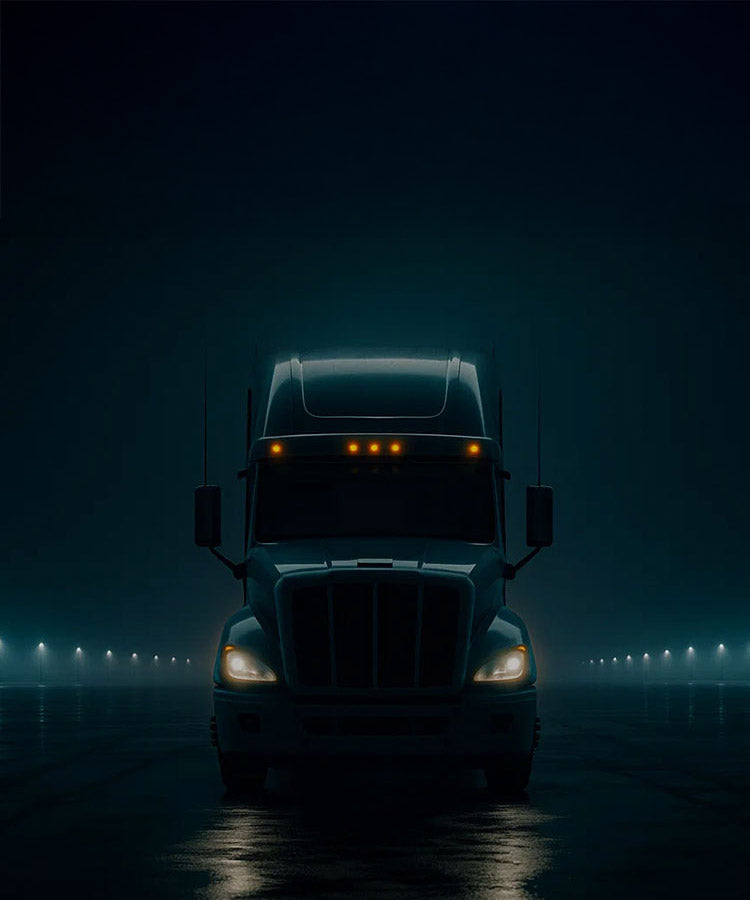 Dark Truck with headlights on on a dark background with street lights